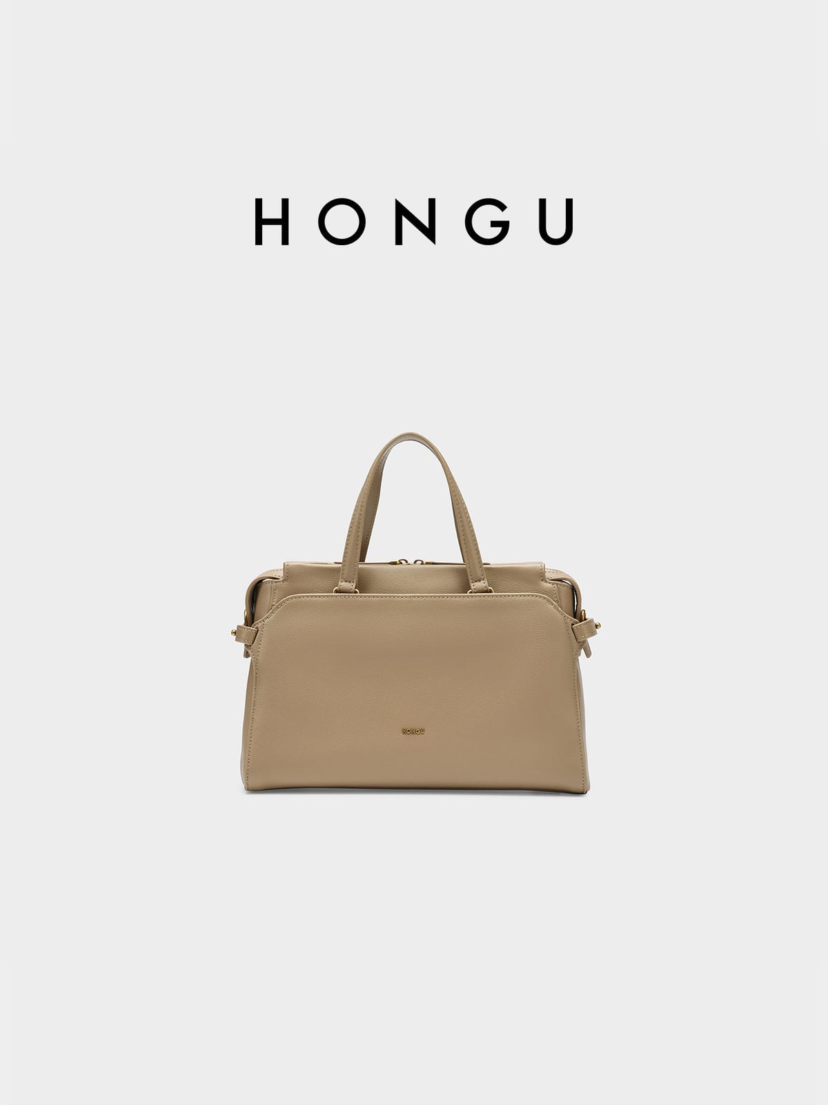 HONGU Structured Leather Top Handle Bag in Beige