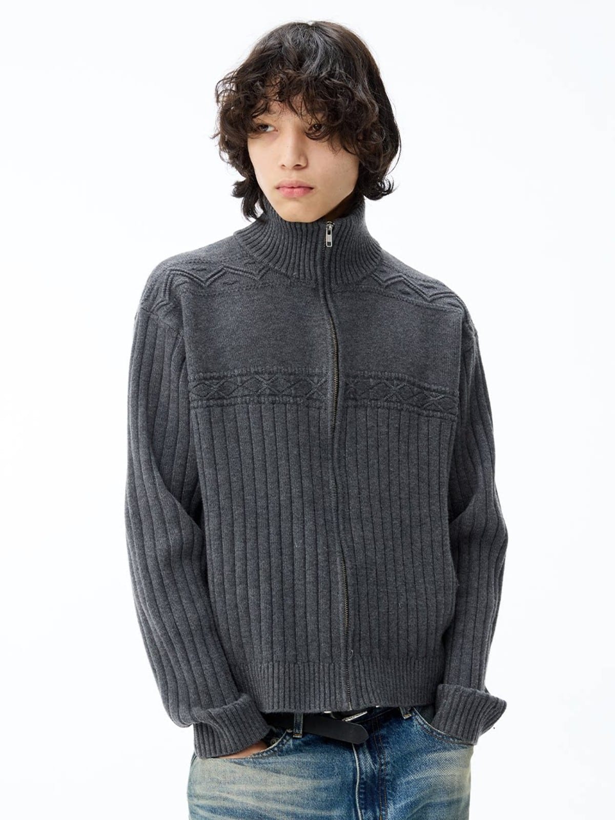 JCAESAR STUDIO Ribbed Jacquard Zip Up Sweater in Gray - On Male Model