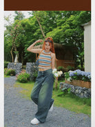 BeerBro Vintage Wash Straight Leg Jeans in Blue - On Female Model