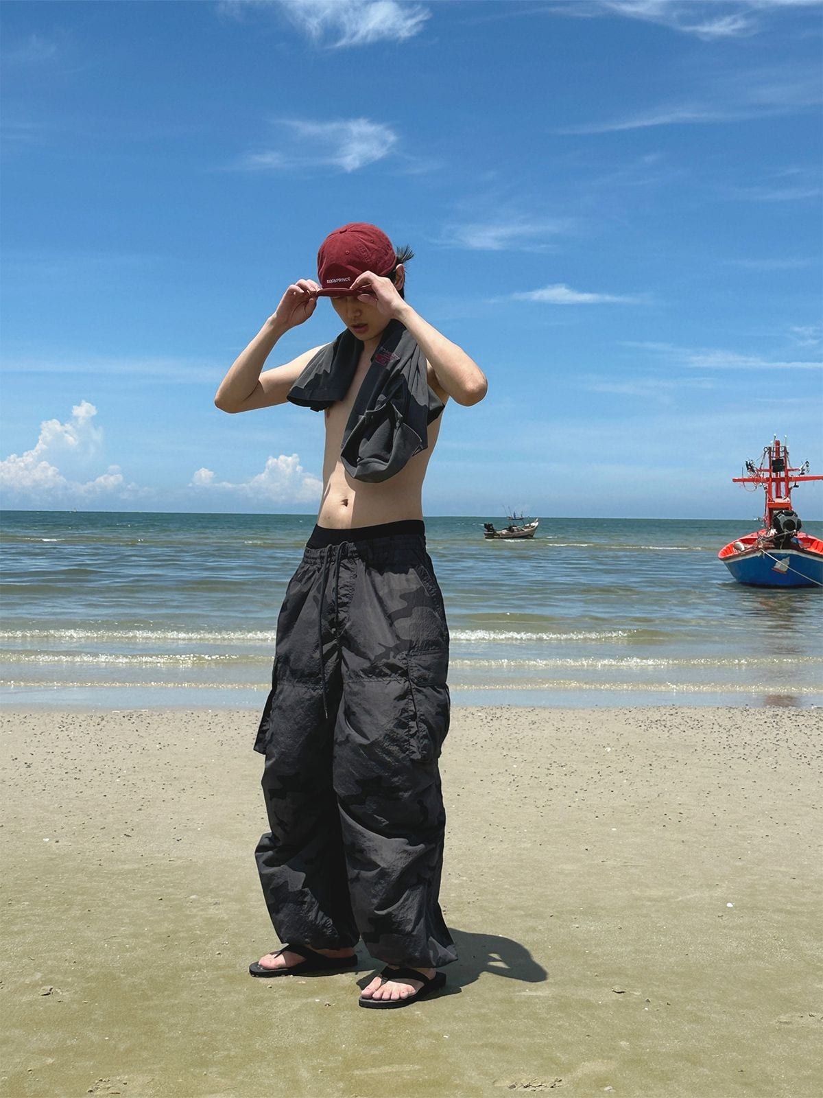 MASONPRINCE Camo Nylon Cargo Parachute Pants in Gray - On Male Model