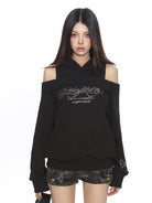 BIGGOLD STUDIO Rhinestone Off Shoulder Hoodie in Black - On Model #color_black - On Female Model