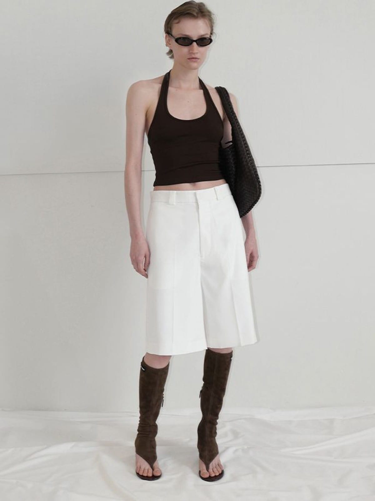 RARELY ALIKE Tailored Bermuda Shorts in White - On Female Model