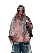 PERSONSOUL Embroidered Distressed Mask Hoodie in Pink - On Model