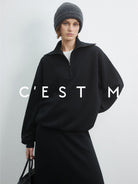 CEST M Half Zip Wool Cashmere Pullover in Black - On Female Model