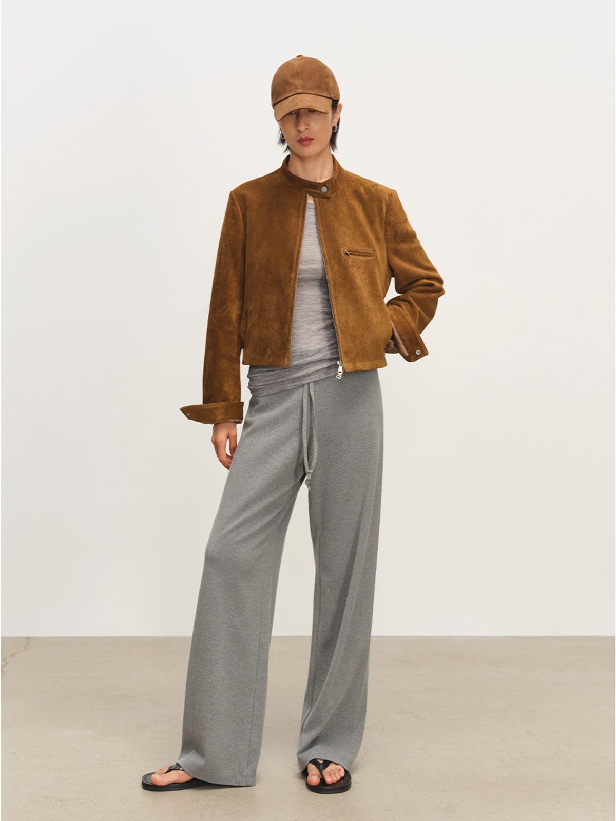MSBEAST Suede Leather Cropped Moto Jacket in Brown - On Female Model