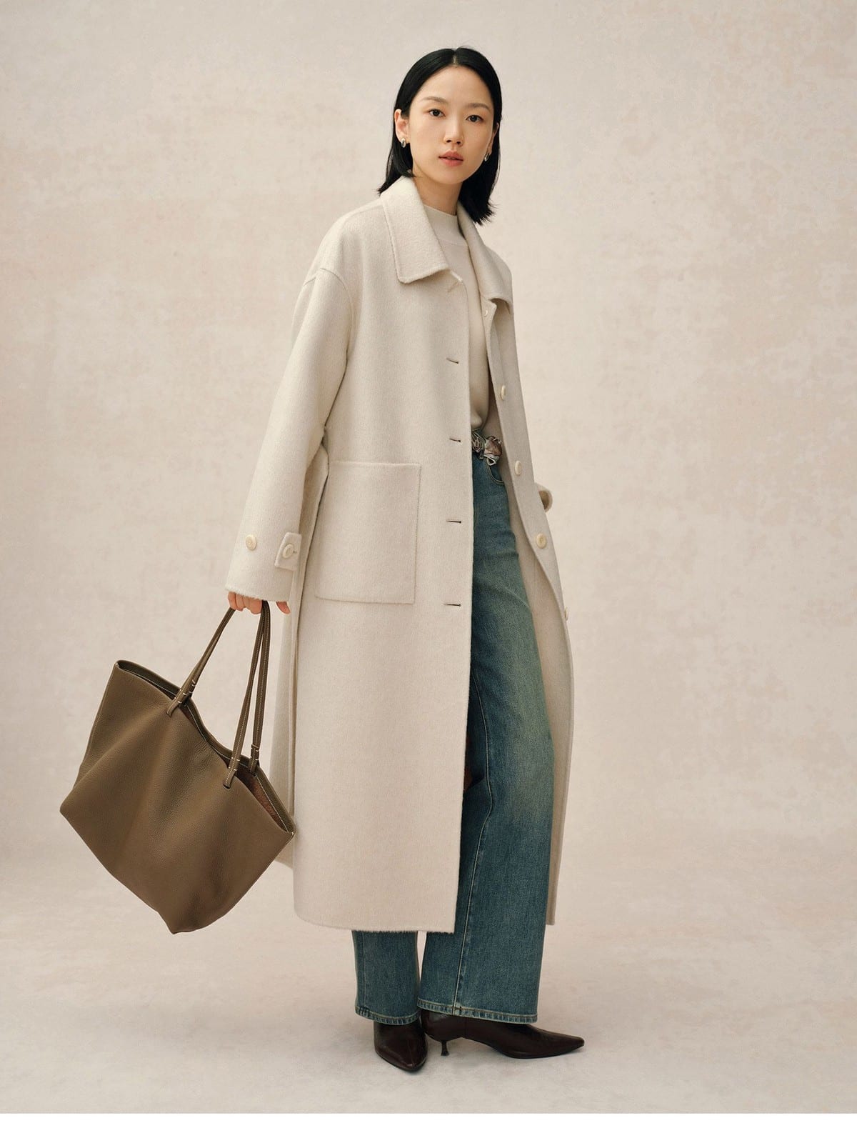 TEASEL Single Breasted Wool Blend Coat in Cream - On Female Model