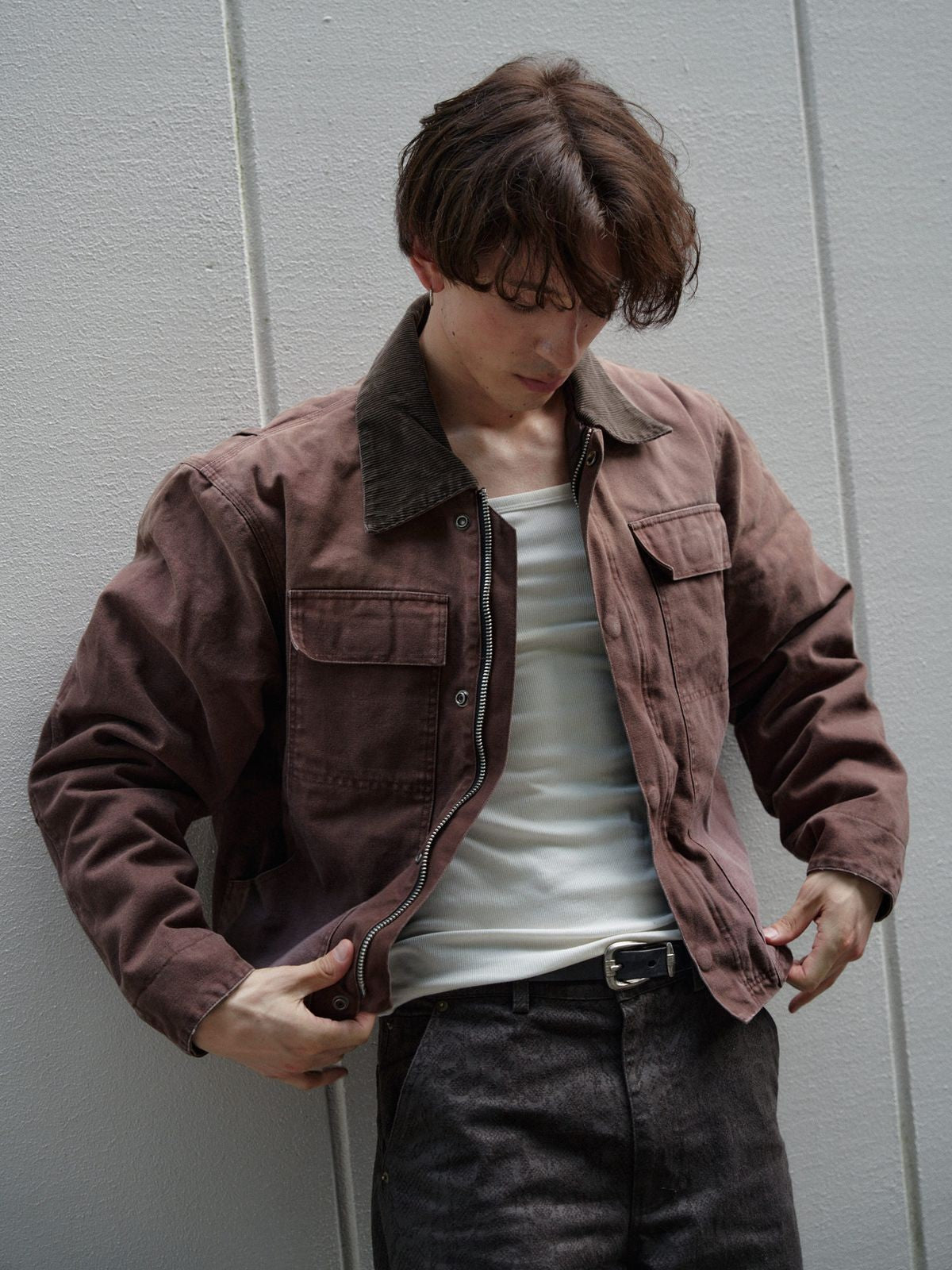 Retro 21 Washed Cotton Padded Work Jacket in Brown - On Male Model