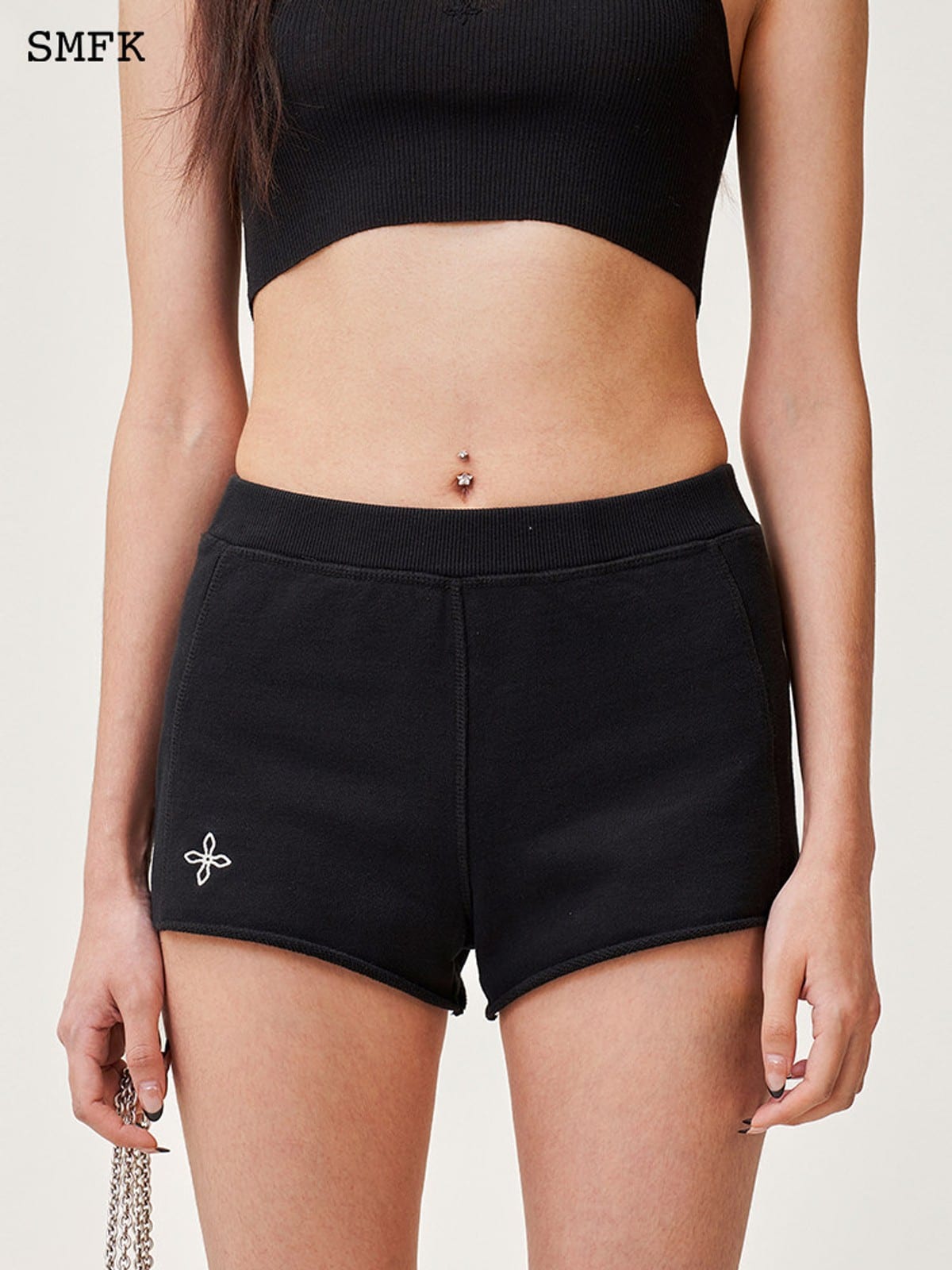 SMFK Low Rise Ribbed Cotton Shorts in Black - On Female Model