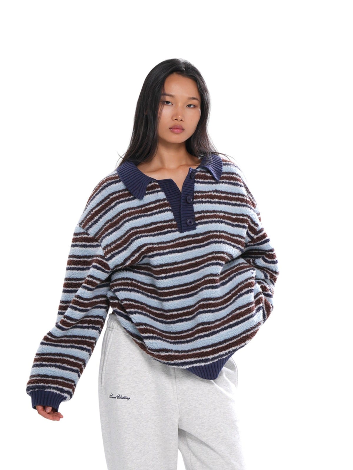 SweetChilling Striped Polar Fleece Polo Pullover in Blue - On Female Model