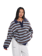 SweetChilling Striped Polar Fleece Polo Pullover in Blue - On Female Model