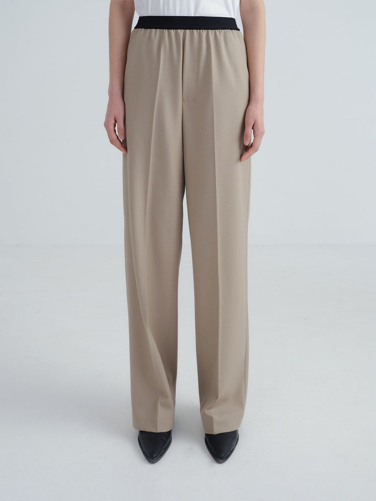 Random Piece Merino Wool Straight Leg Trousers in Beige - On Female Model