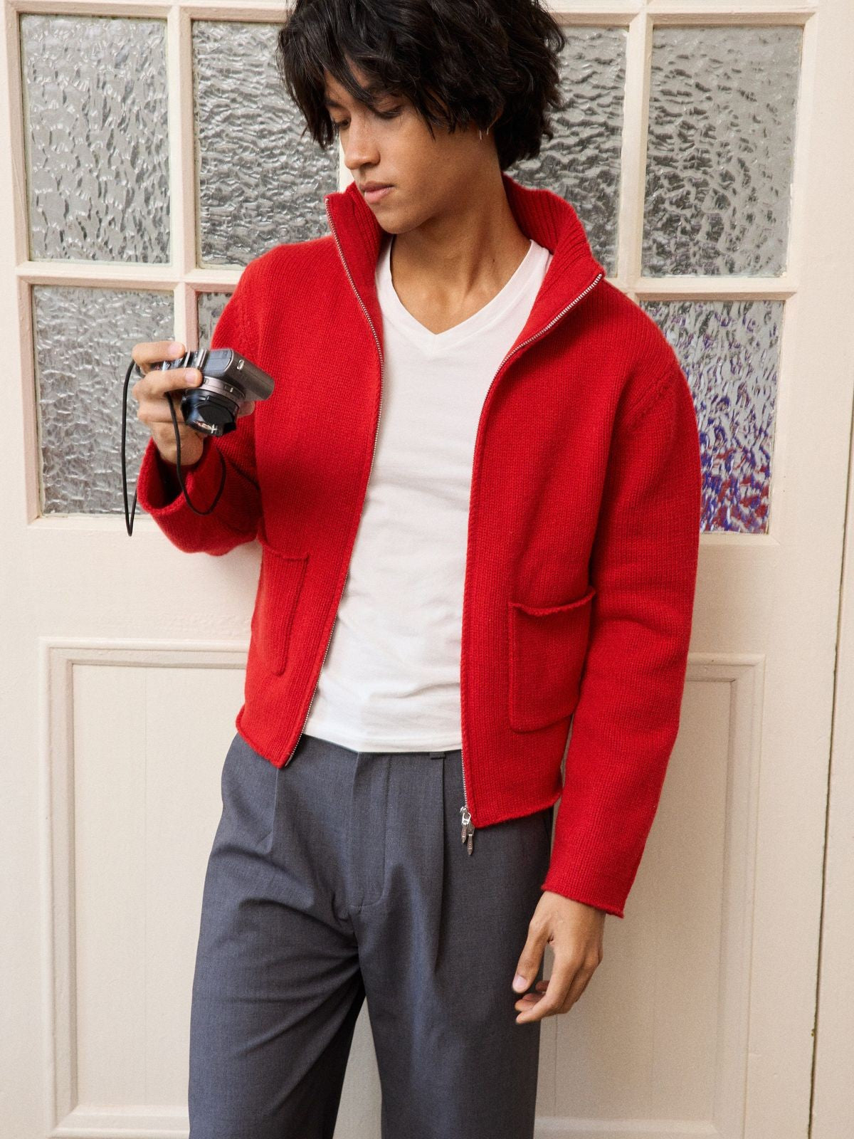 Retro 21 Red Wool Blend Double Zip Cardigan in Red - On Male Model