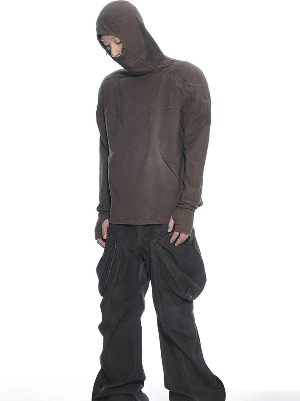 D5ove Hooded Shoulder Pad Pullover in Brown - On Male Model