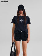 SMFK Vintage Wash Cross Graphic T Shirt in Gray - On Female Model