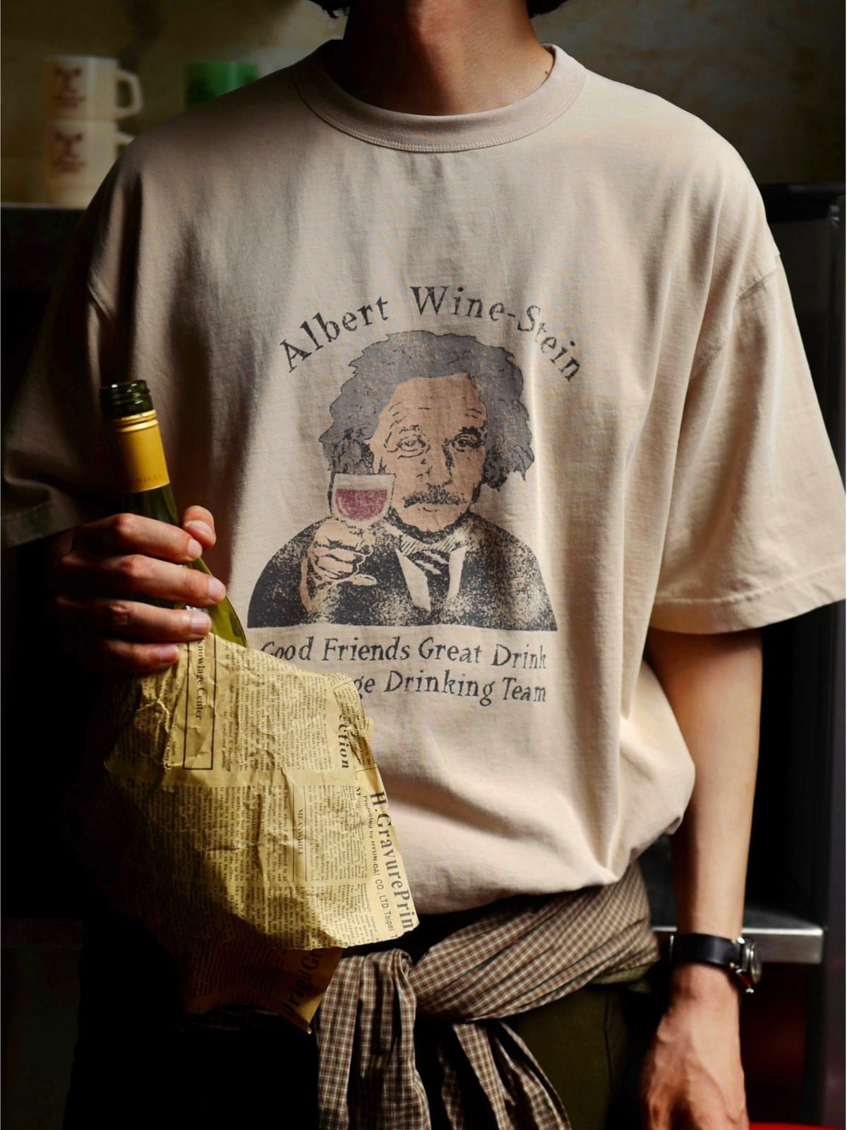 USAGE Vintage Wash Einstein Graphic T Shirt in Beige - On Male Model