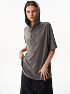 BLINDNOPLAN Hooded Short Sleeve Polo in Gray - On Female Model