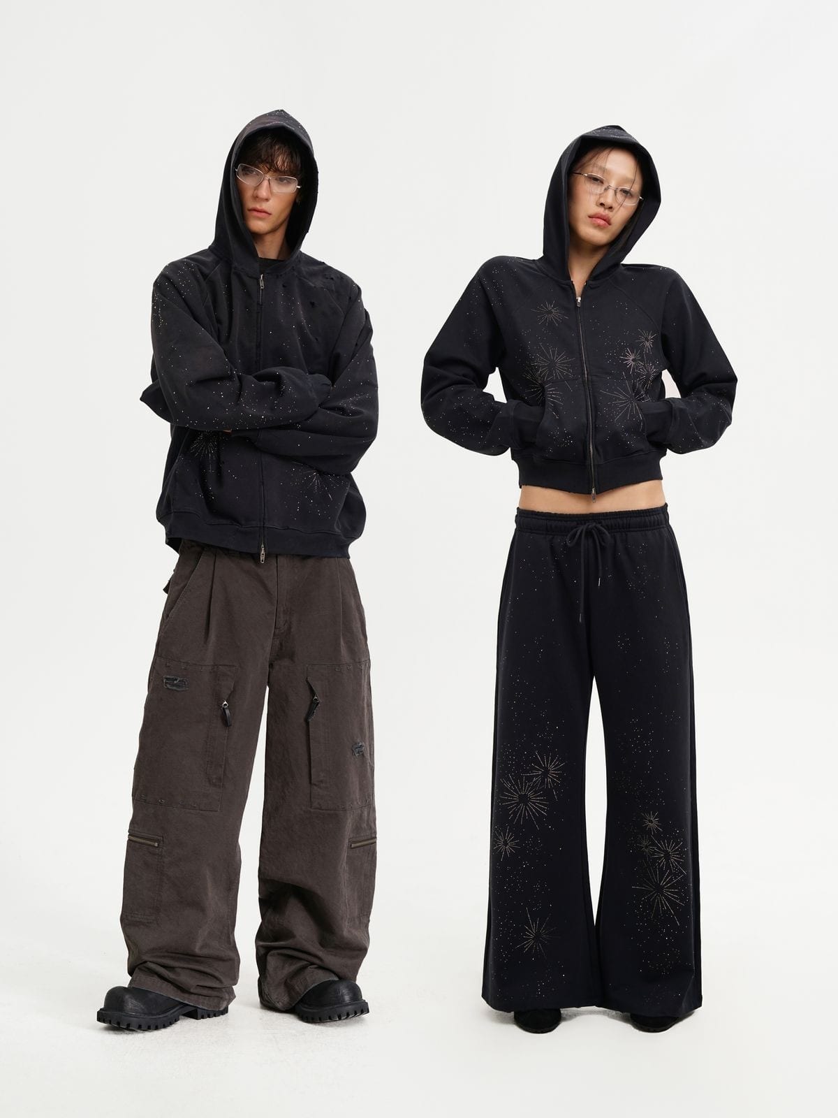 MASONPRINCE Fireworks Cotton Zip Up Hoodie in Black - On Model