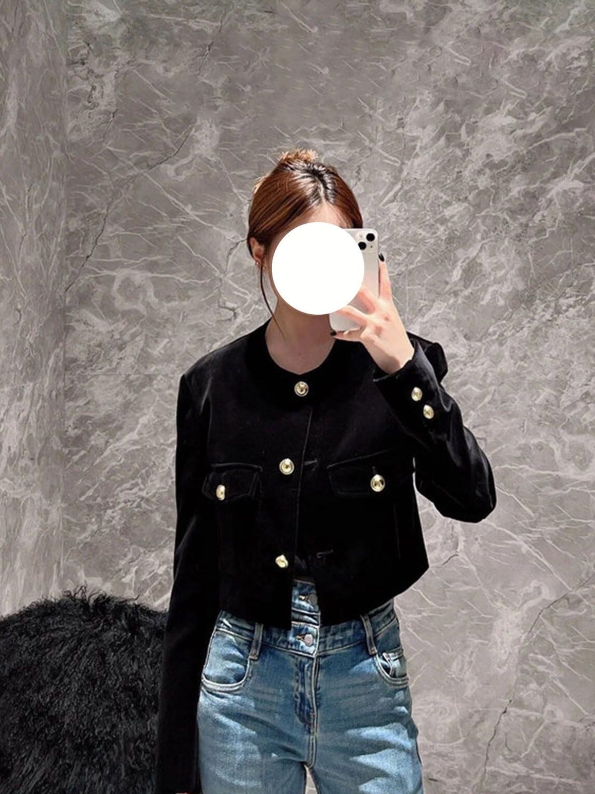 Venus Cropped Cotton Velvet Jacket in Black - On Female Model