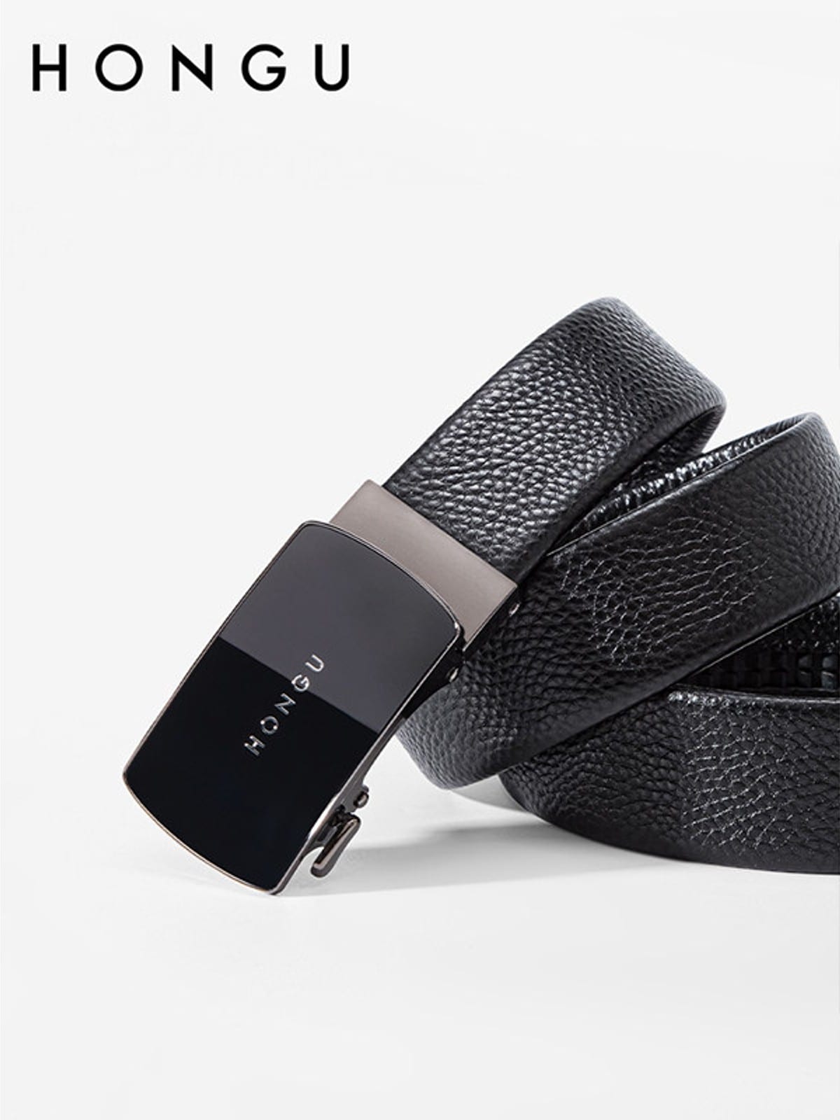 HONGU Cowhide Leather Automatic Buckle Belt in Black