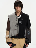 BLINDNOPLAN Reversible Patchwork Bomber Jacket in Beige - On Male Model