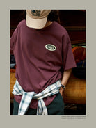 USAGE Canoe Club Graphic Cotton T Shirt in Burgundy - On Male Model