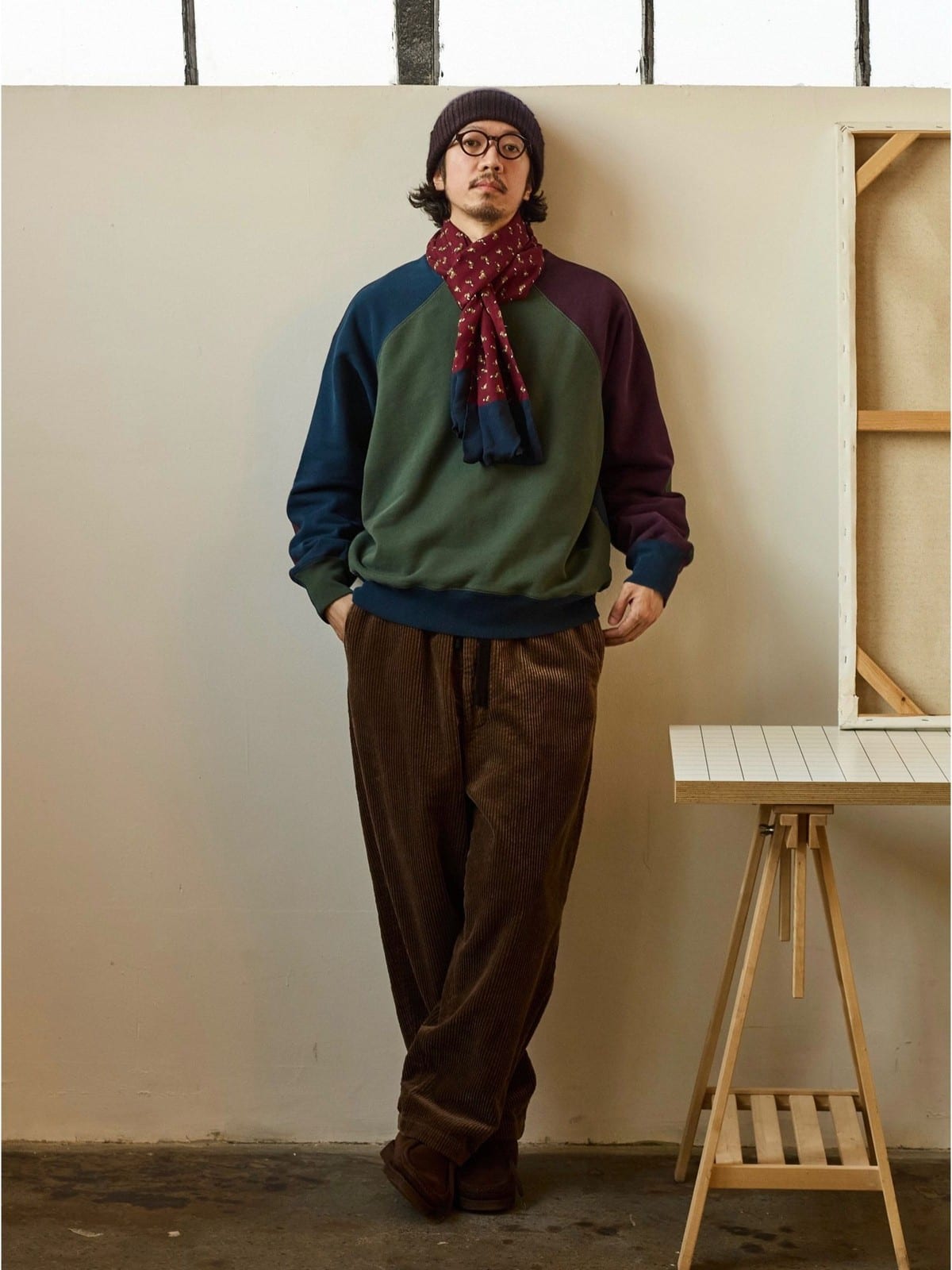 USAGE Colorblock Raglan Cotton Sweatshirt in Green - On Male Model
