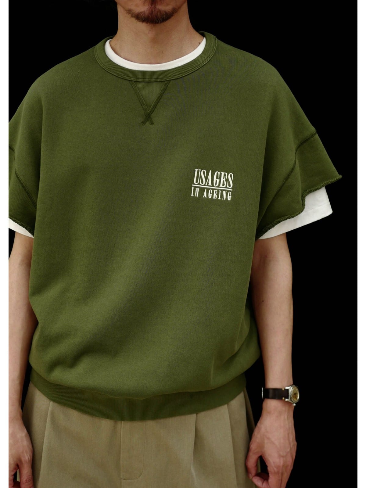 USAGE Raw Edge Cotton Short Sleeve Sweatshirt in Olive - On Male Model