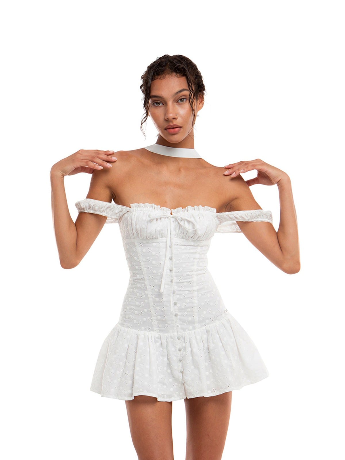 SweetChilling Eyelet Cotton Off Shoulder Mini Dress in White - On Female Model