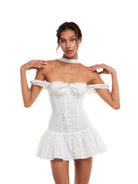 SweetChilling Eyelet Cotton Off Shoulder Mini Dress in White - On Female Model