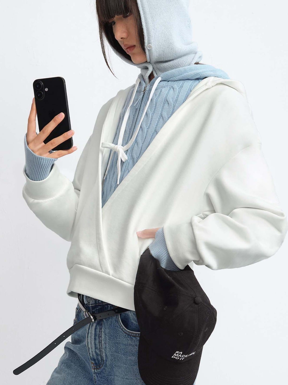 RARELY ALIKE Cotton V Neck Wrap Hoodie in White - On Female Model