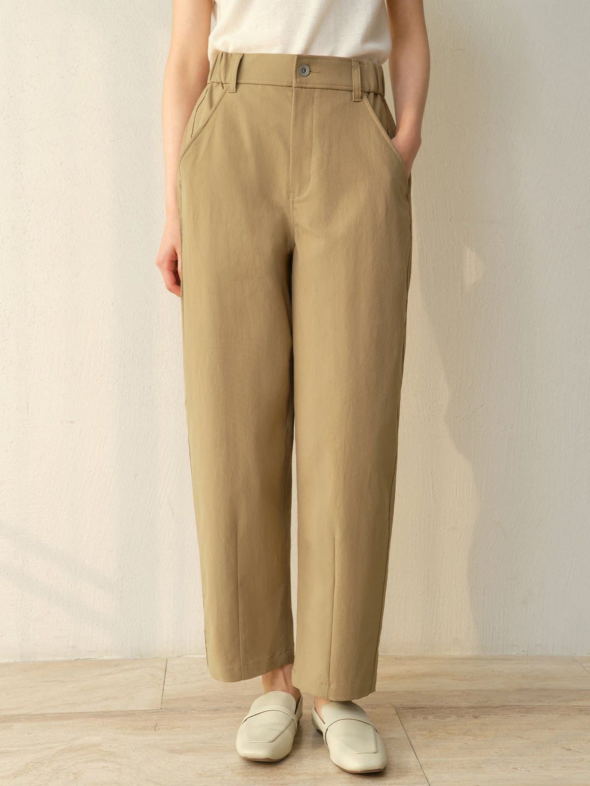 TEASEL Half Elastic Solotex Cocoon Pants in Beige - On Female Model