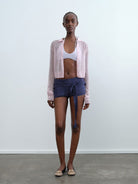 RARELY ALIKE Cropped Alpaca Blend Polo Cardigan in Pink - On Female Model