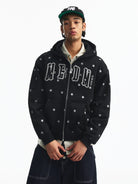 MEDM Fleece Lined Star Print Zip Hoodie in Black - On Male Model