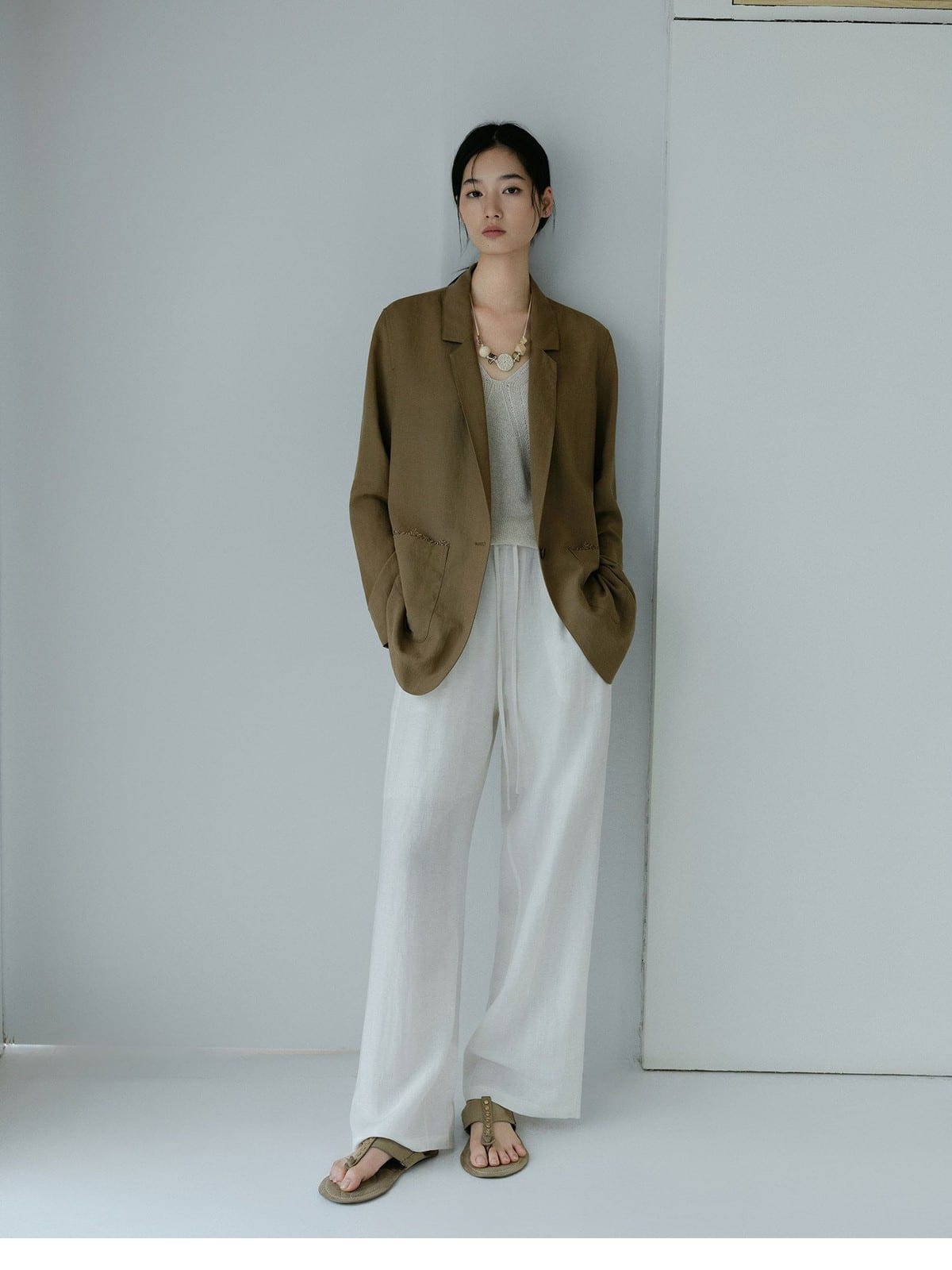 TEASEL Linen Blend Blazer Wide Leg Pants Set in White - On Female Model