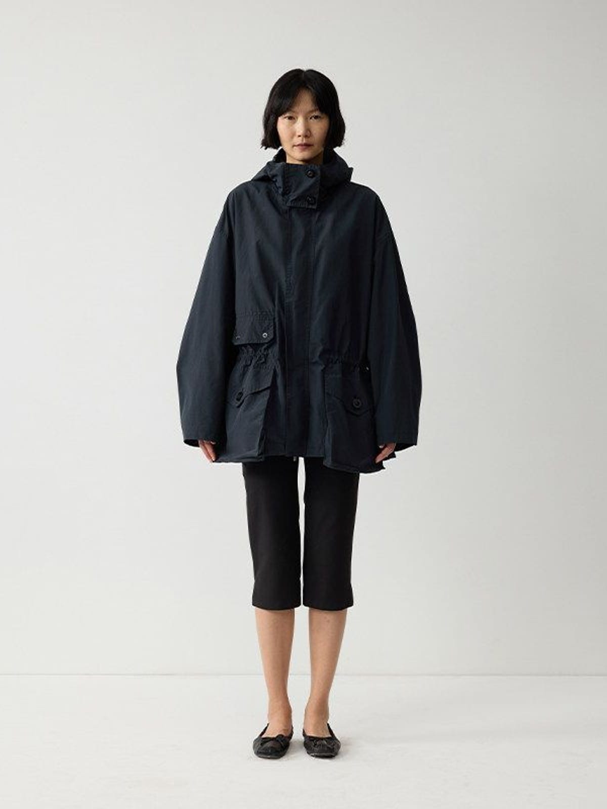 Random Piece Cotton Blend Drawstring Cargo Jacket in Navy Blue - On Female Model