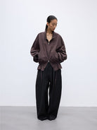 Random Piece Washed Cotton Drawstring Jacket in Brown - On Female Model