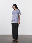 Random Piece Script Letter Print Cotton T Shirt in Blue - On Female Model