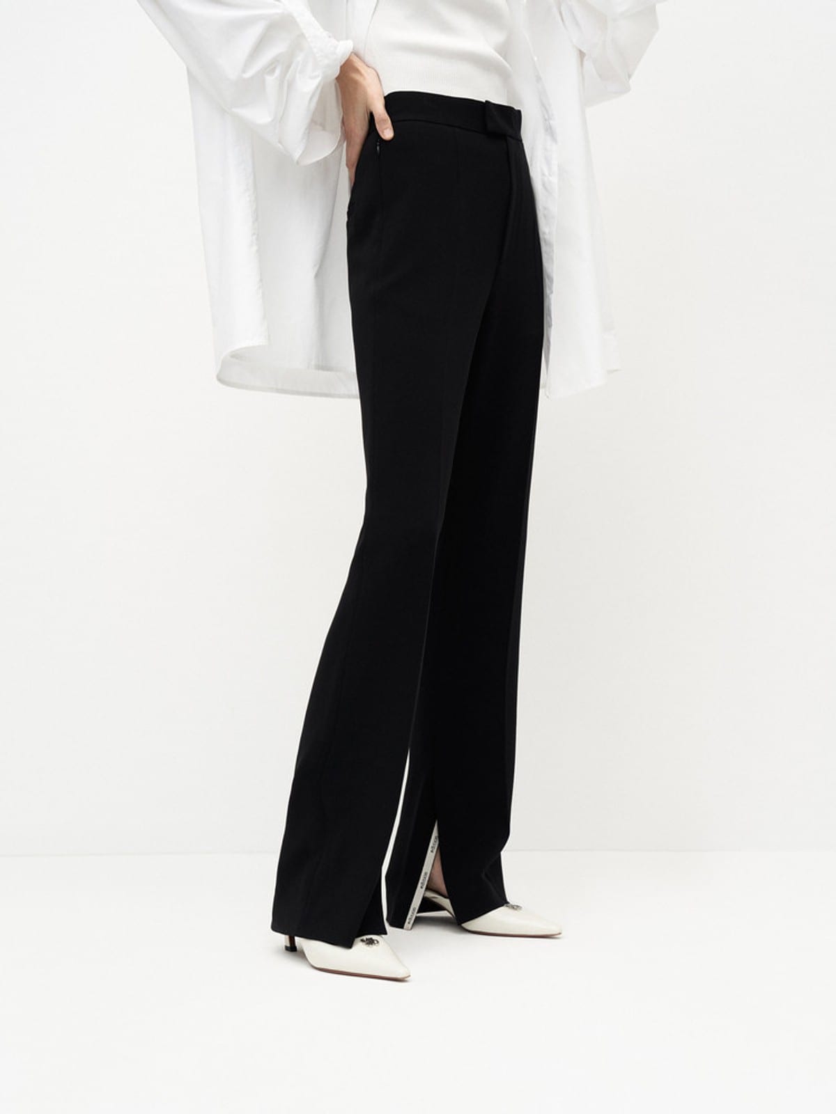 EDITION Side Slit Acetate Flare Trousers in Black - On Female Model