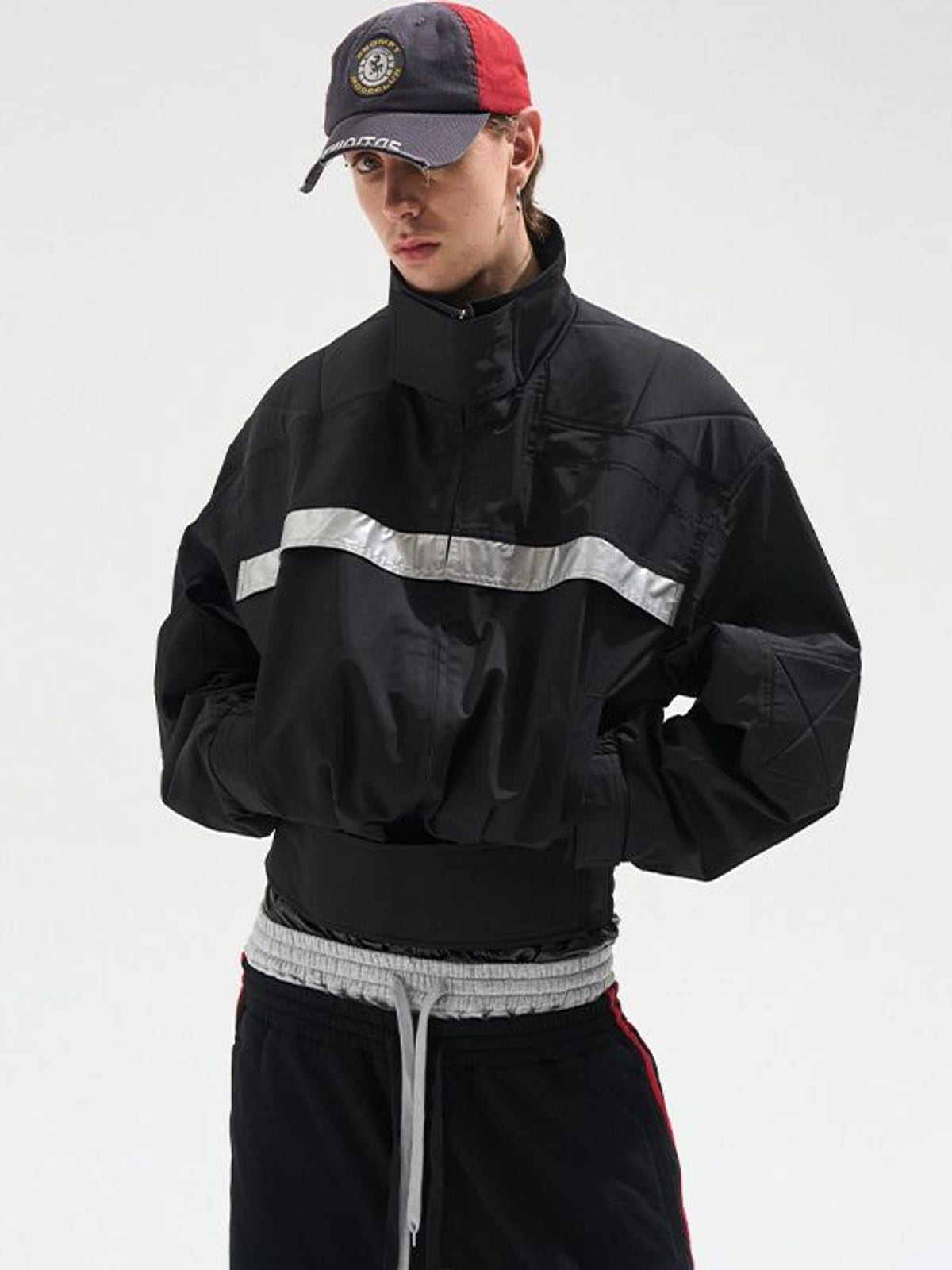 BLINDNOPLAN Reflective Strip Stand Collar Jacket in Black - On Male Model