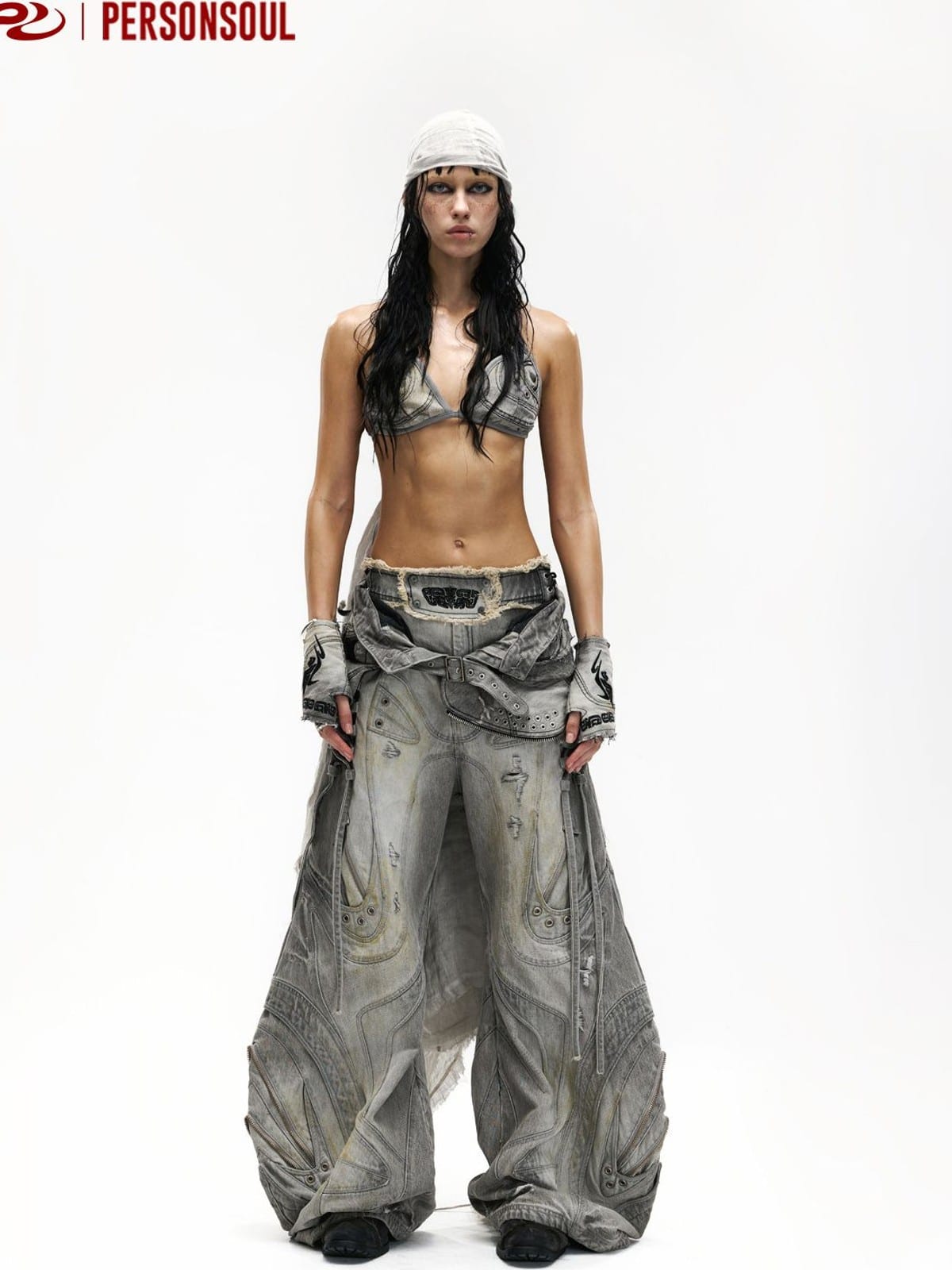 PERSONSOUL Distressed Paneled Drawstring Jeans in Gray - On Female Model
