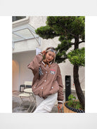 BeerBro Route 96 Retro Varsity Jacket in Coffee - On Female Model