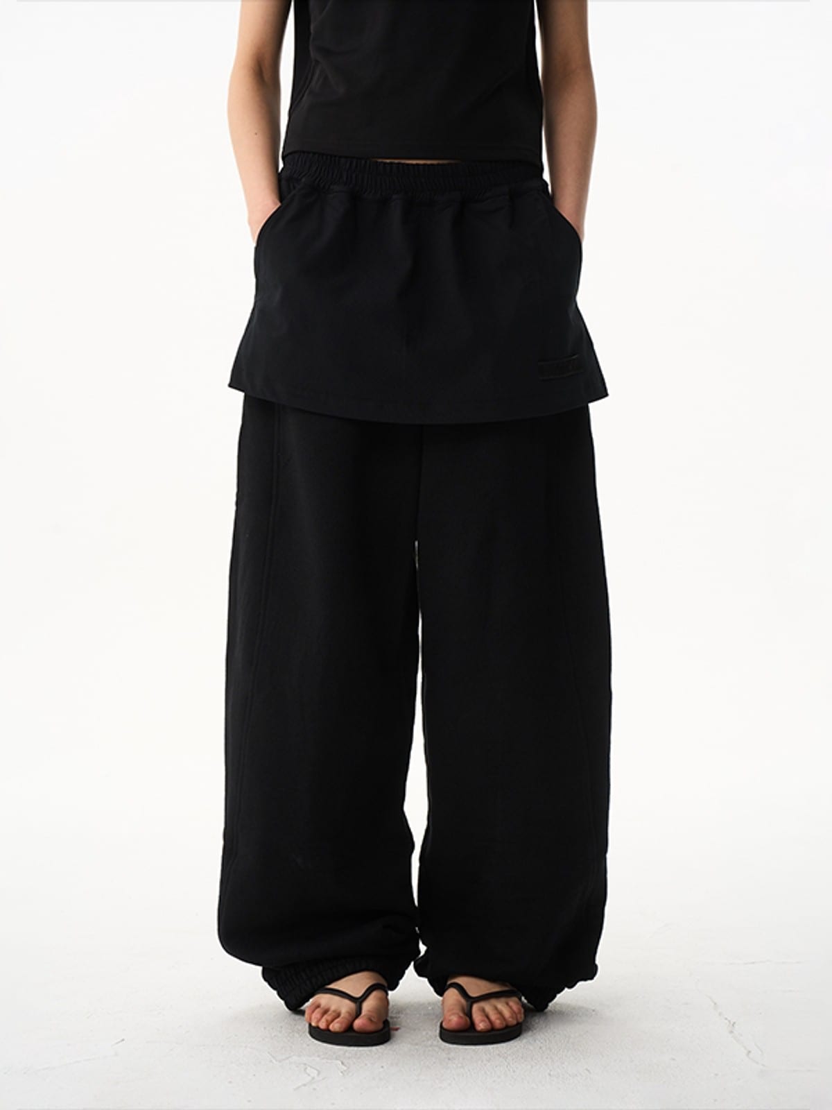 BLINDNOPLAN Layered Cotton Blend Sweatpants in Black - On Model