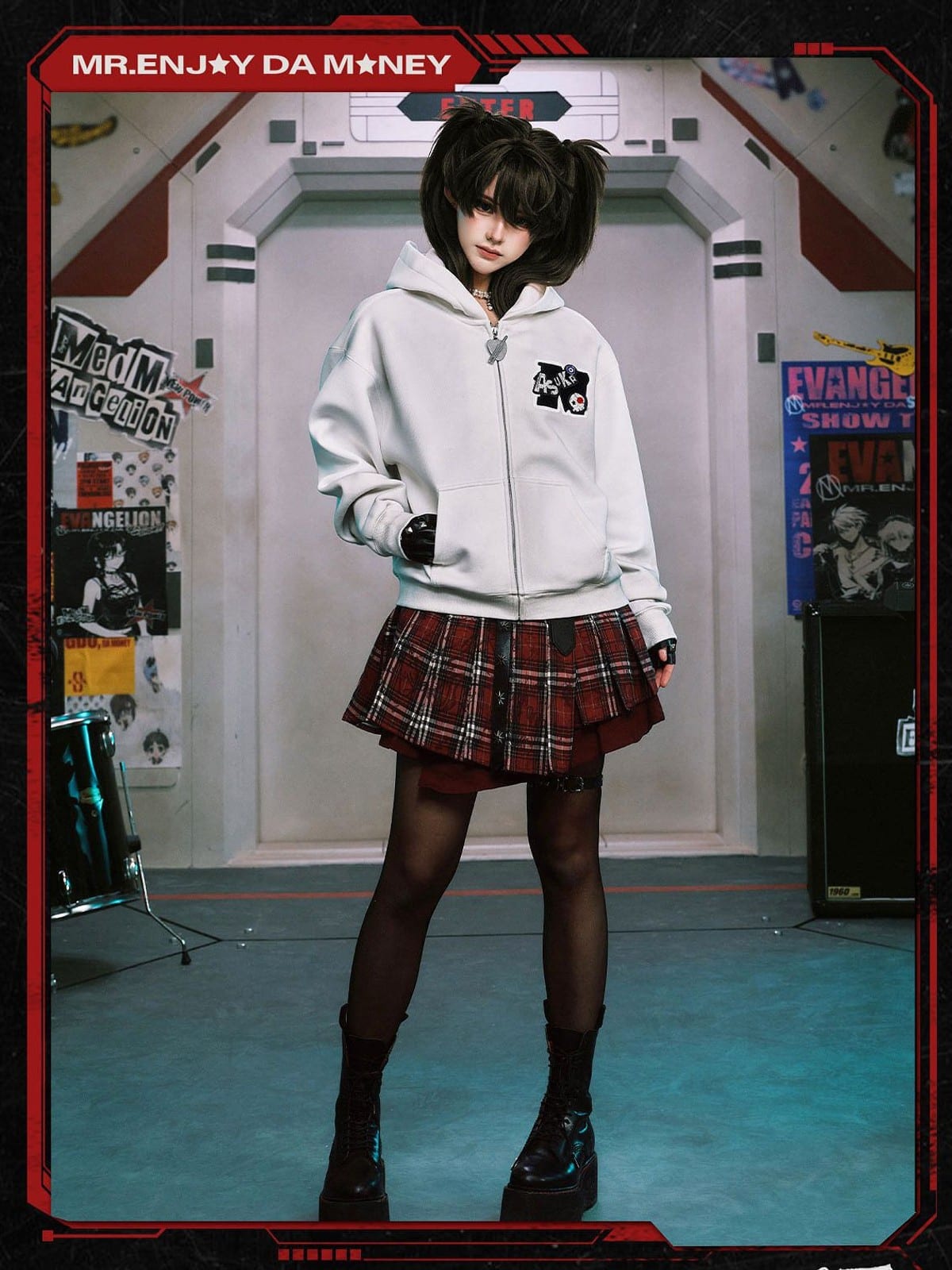 MEDM Tufted Embroidery Zip Up Hoodie in White - On Female Model