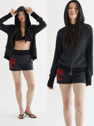 THELIGHT OFFICIAL Striped Zip Up Hoodie in Gray - On Female Model
