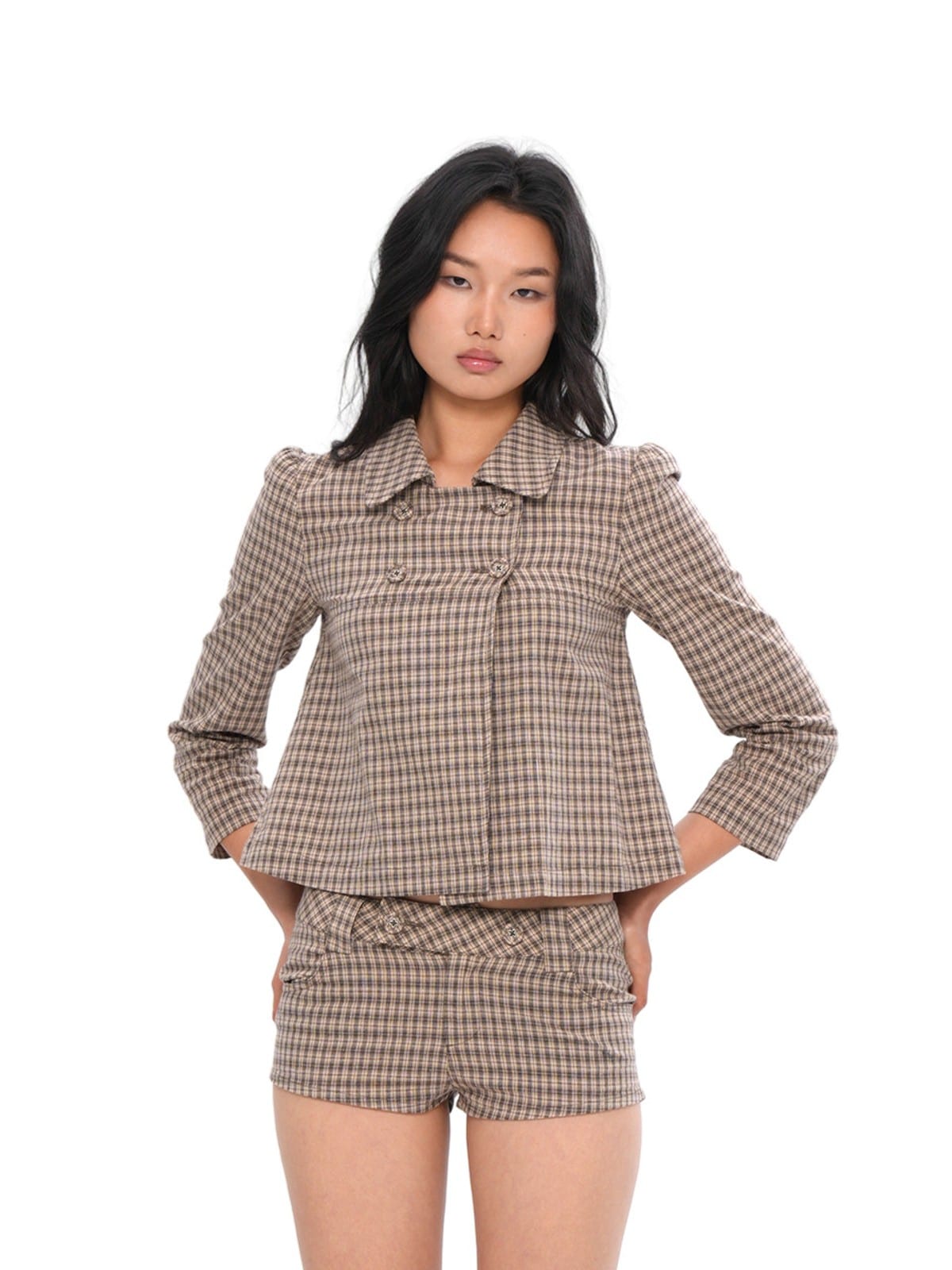 SweetChilling Brown Plaid Cotton Shorts in Brown - On Female Model