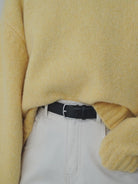 PANLULUPAN Vegetable Tanned Leather Silver Buckle Belt in Black - On Model