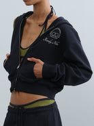 RARELY ALIKE Graphic Cropped Zip Up Hoodie in Navy Blue - On Female Model