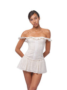 SweetChilling Cotton Eyelet Off Shoulder Mini Dress in White - On Female Model