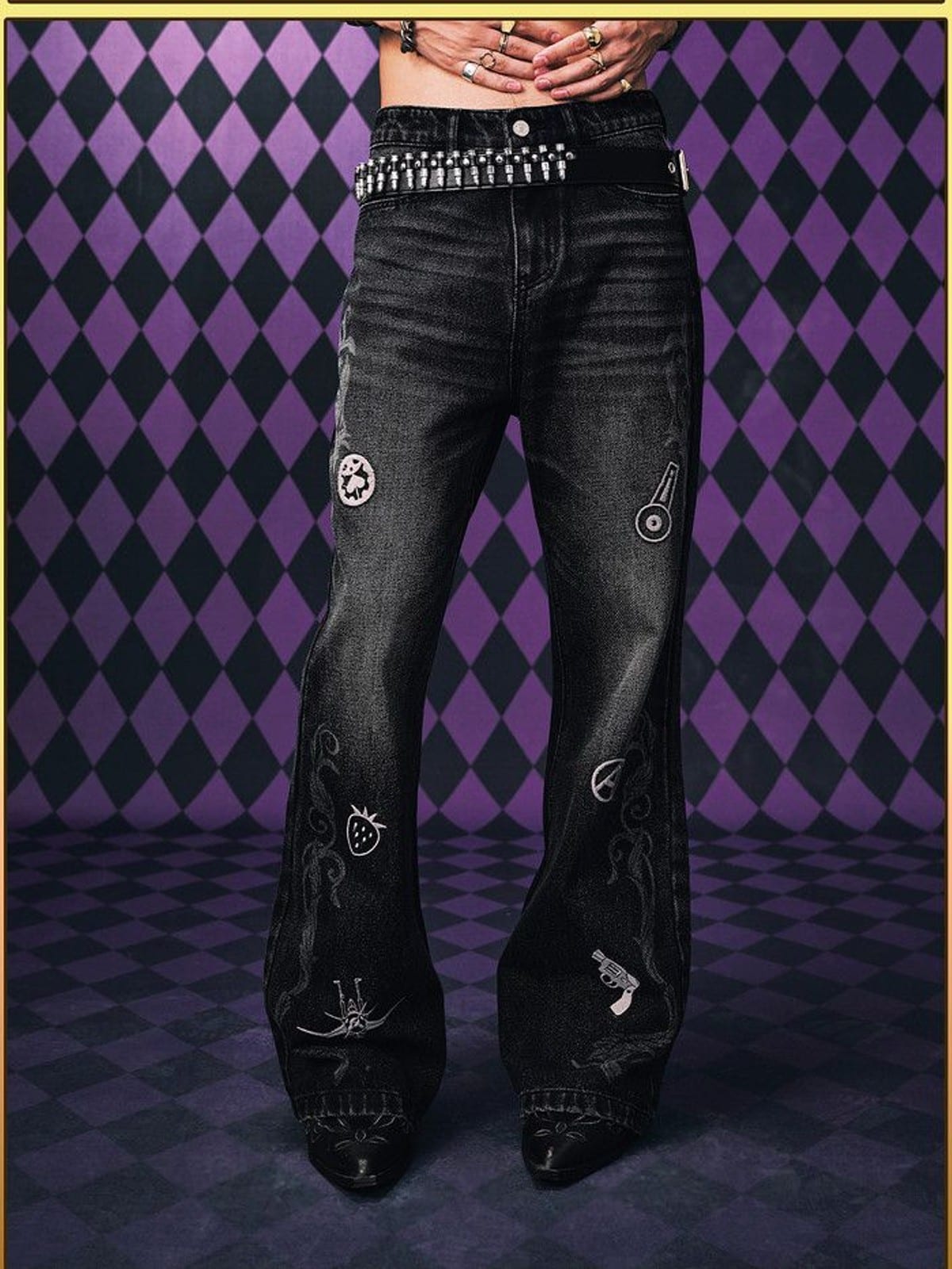MEDM Icon Embroidered Distressed Jeans in Black - On Model