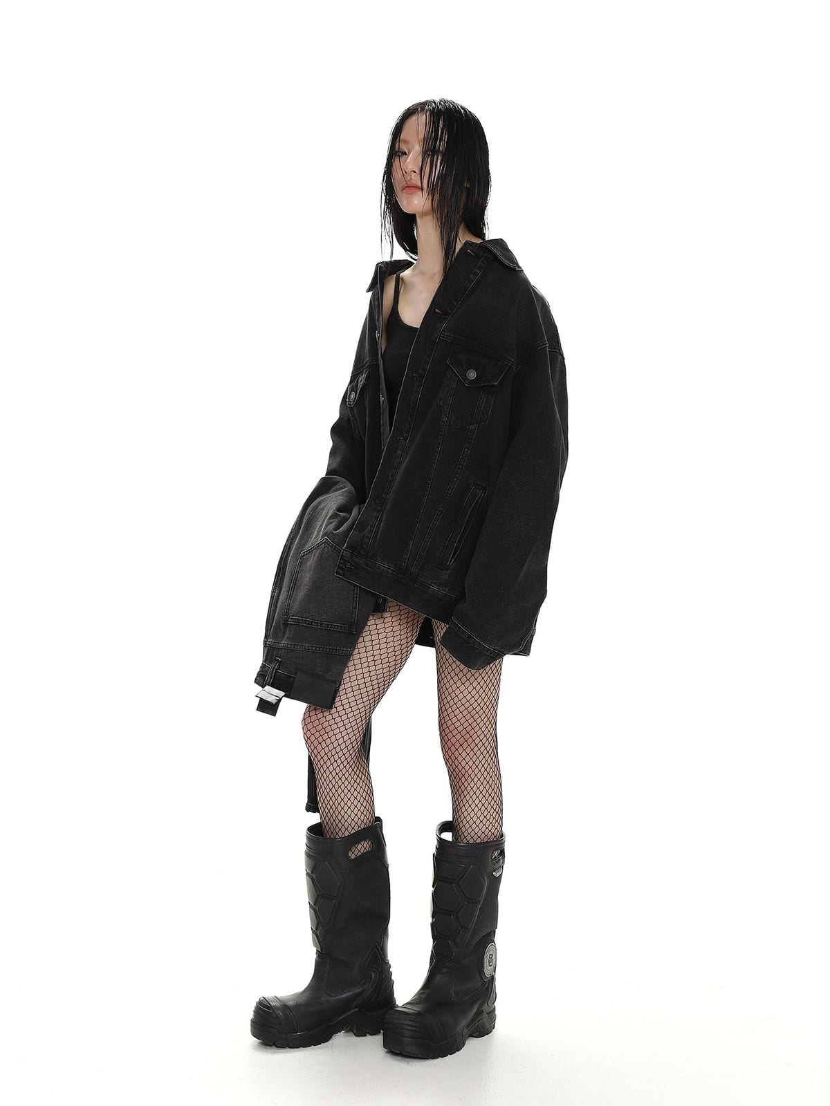 MASONPRINCE Reverse Detail Washed Denim Jacket in Black - On Female Model